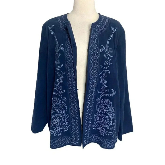 Susan‎ Graver 2X plus-size boho faux suede blue embroidered jacket Lagenlook - Picture 4 of 7